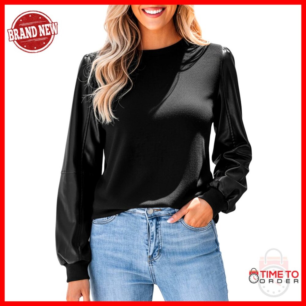 Faux Leather Long Sleeve Mock Neck Blouse Edgy Modern Fall Fashion Top
